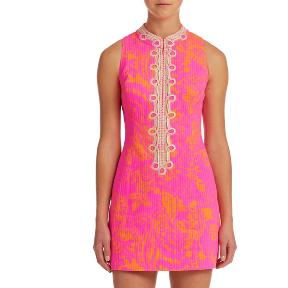 Lilly Pulitzer Alexa zip front shift dress gold pink orange 00